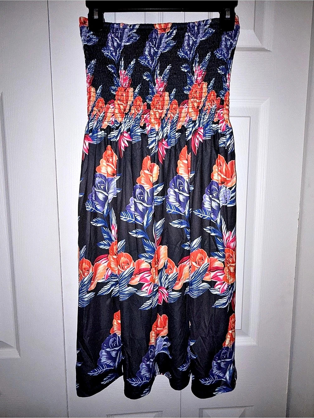 Strapless Floral Midi Dress Smocked Boho Tropical Black Multicolor